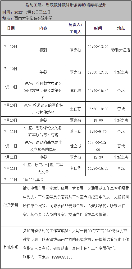 关于中学卓越教师工作室七月份开展活动的通知